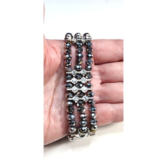 Multi Strand Bracelet Crystal Glass Gray Faceted Beads Rhinestone Stretch - Picture 4 of 5